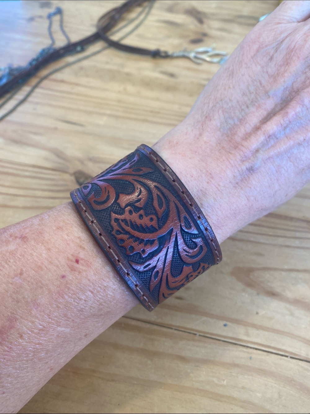 Tooled Leather Cuff Bracelet in Brown and Black